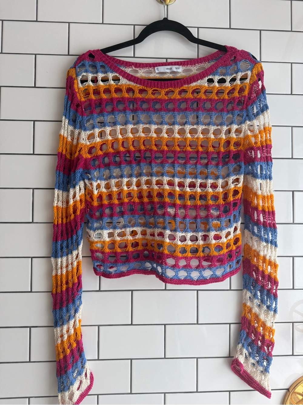 Mango Multicolor Open-Knit Off-Shoulder Sweater - Pink, Blue, Yellow, White - Picture 4 of 6